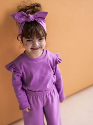 Koszulka dziewczęca z falbankami prążek FUKSJA