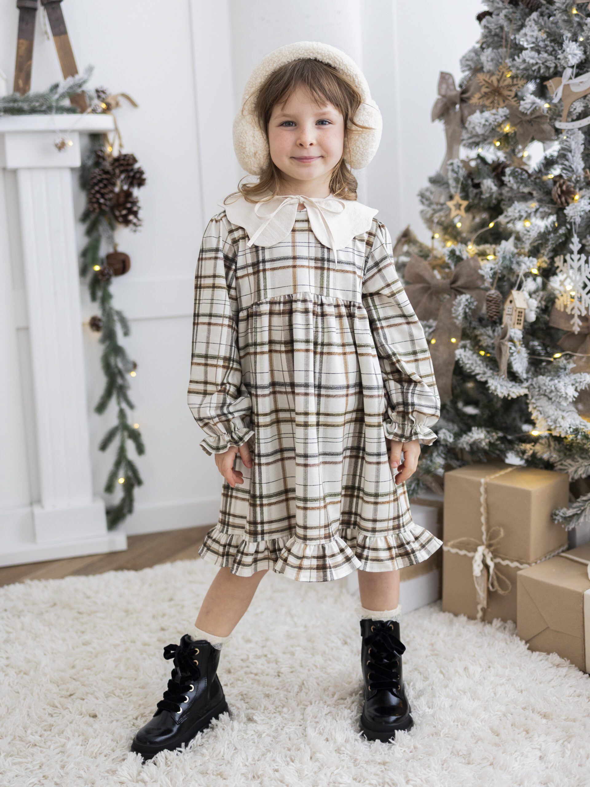 Sukienka dla dziewczynki ROZALIA KRATA BEŻ