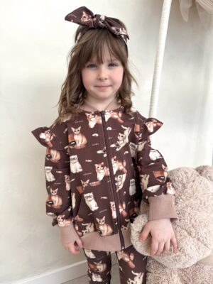 Bluza dziecięca rozpinana KOTKI czekolada falbanki