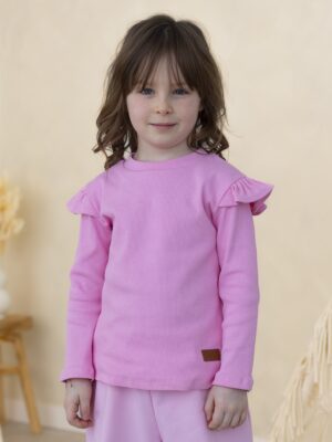 Koszulka dziewczęca z falbankami prążek BABY PINK